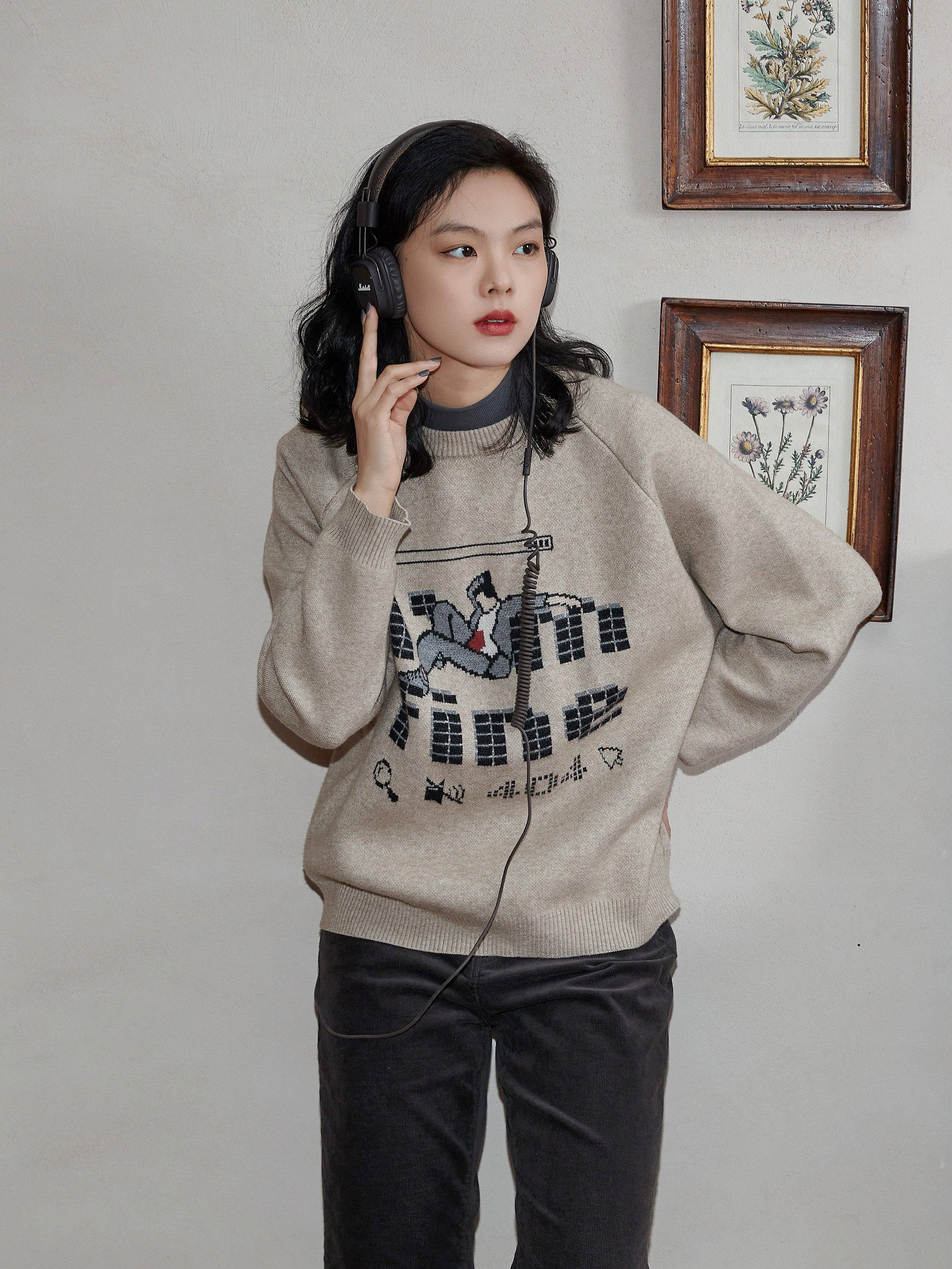 三号黑店 原创插画小众圆领羊毛毛衣 宽松慵懒针织衫提花套头毛衣