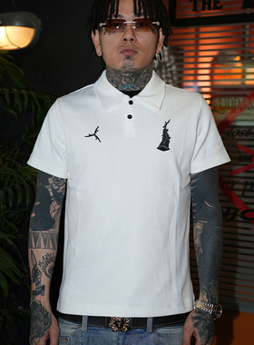 TGFCLUB 美式嘻哈自由女神街头drill刺绣基础修身短袖POLO衫