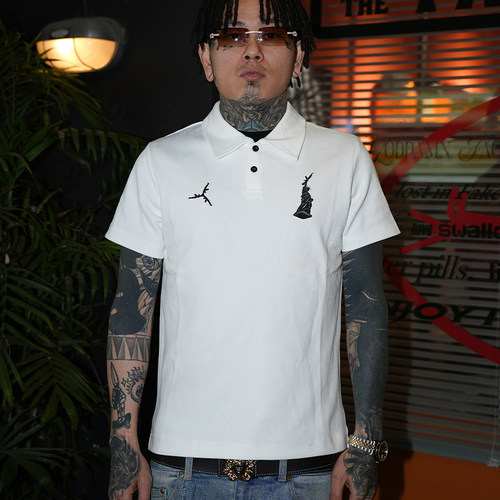 TGFCLUB 美式嘻哈自由女神街头drill刺绣基础修身短袖POLO衫