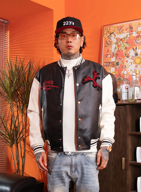 TGFCLUB 美式街头毛巾绣GOAT山羊刺绣宽松PU皮夹棉加厚棒球服夹