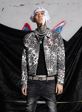 TGFCLUB 223美式街头嘻哈数码满印豹纹LOGO修身工装牛仔夹克外套