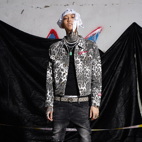 TGFCLUB豹纹翻领修身牛仔夹克