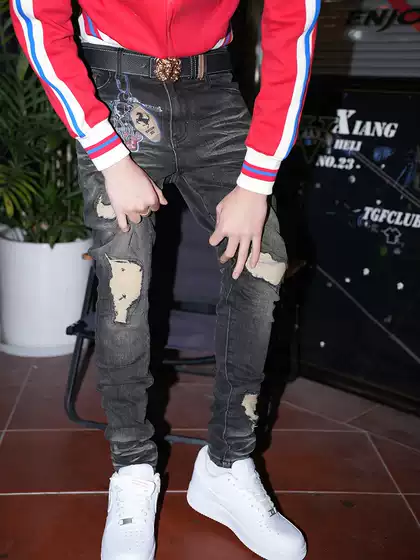Tgfclub American Street Hip-Hop Rapper Keychain Distressed Patch Slim Fit Skinny Washed Jeans