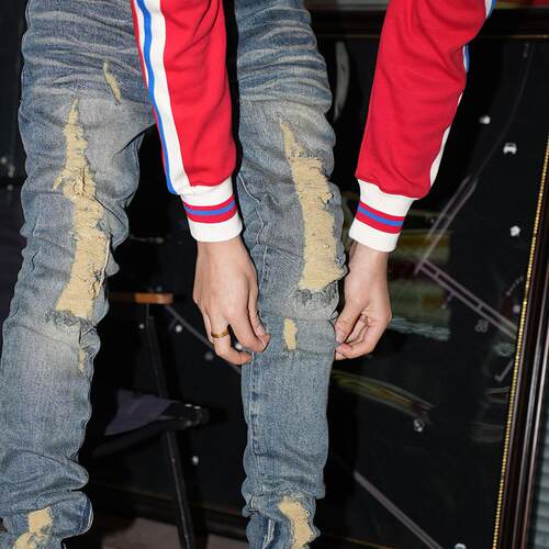 TGFCLUB美式街头嘻哈基础CHIEFKEEF贴布修身假破洞小脚水洗牛仔裤