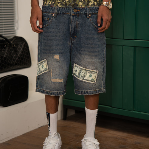 TGFCLUB 美式街头嘻哈说唱迷彩拼接双腰头美金贴布绣宽松牛仔短裤