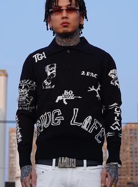 TGFCLUB 美式嘻哈drill街头满底提花2pac纹身修身短袖针织POLO衫