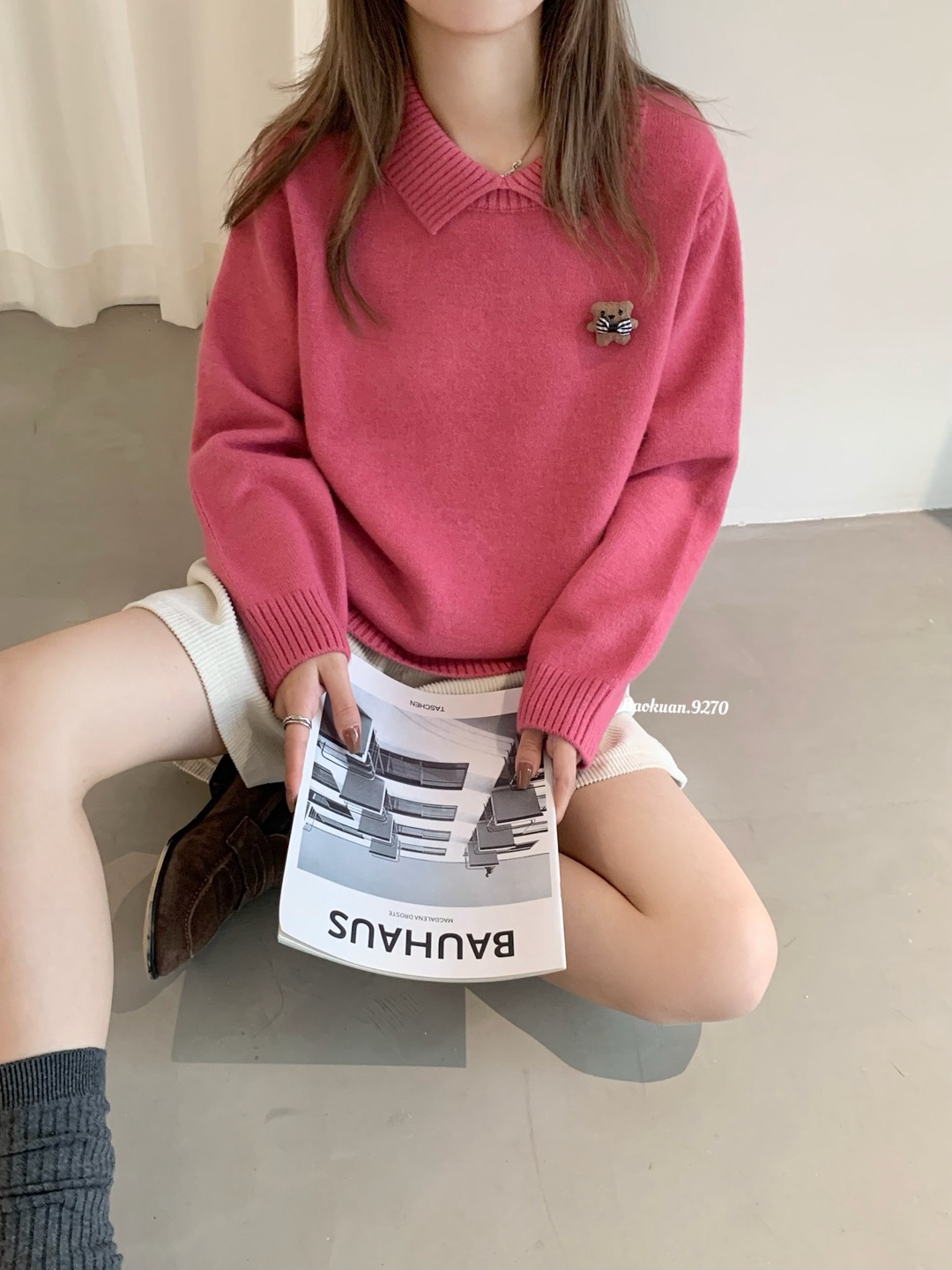 秋冬新款女韩版宽松时尚polo领纯色针织线衫百搭休闲保暖毛衣外套