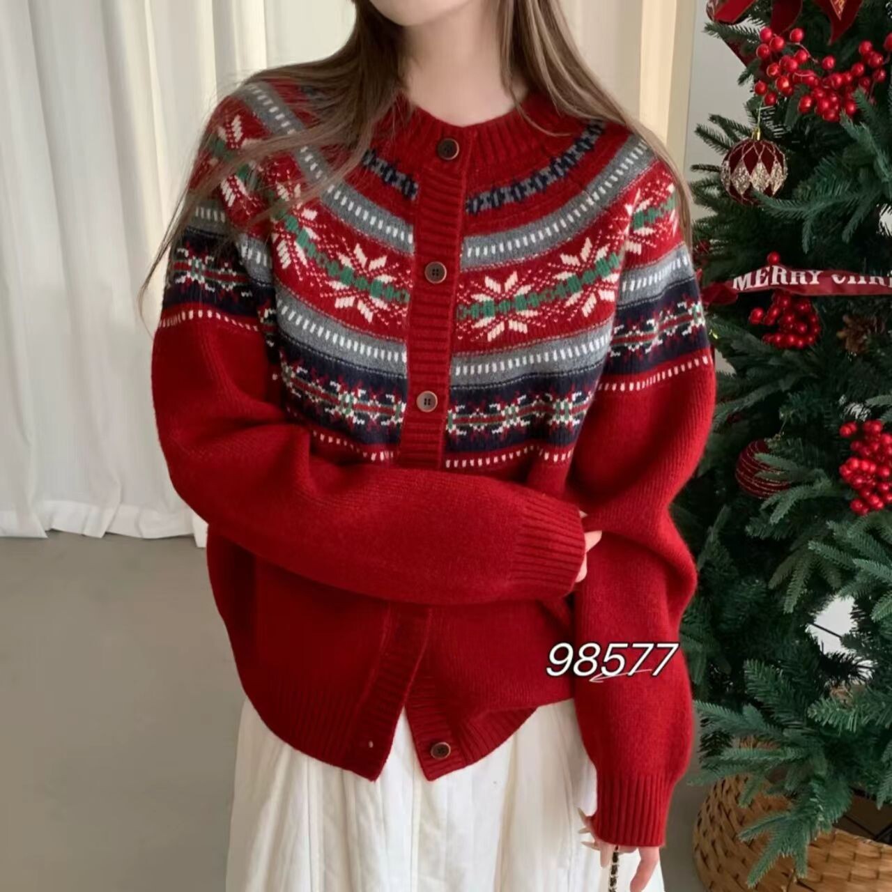 复古慵懒风费尔岛圣诞红色毛衣女秋冬2025减龄休闲针织衫毛衣上衣