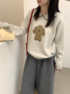 甜美娃娃领撞色卡通提花宽松长袖 减龄内搭上衣潮 套头毛衣秋冬新款