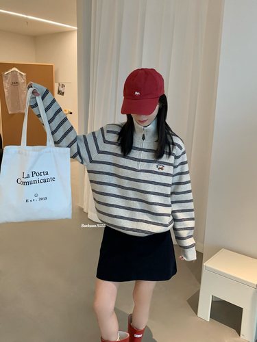 2025秋冬新款韩版宽松显瘦翻领条纹针织衫女百搭休闲毛衣外穿上衣