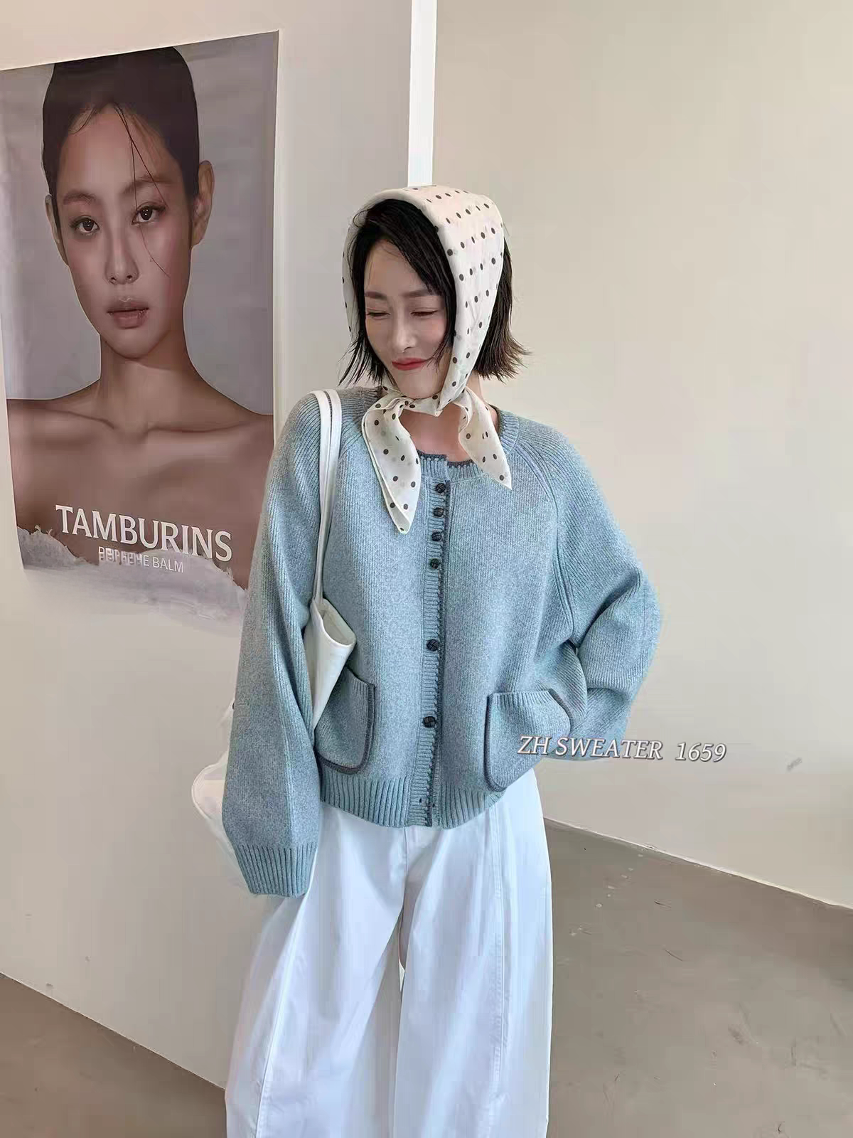秋冬新款女韩版宽松时尚口袋撞色针织开衫百搭休闲简约毛衣外套潮