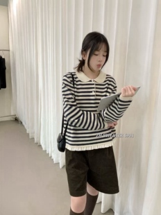 秋冬新款女韩版宽松时尚条纹套头娃娃领针织衫百搭休闲毛衣外套潮