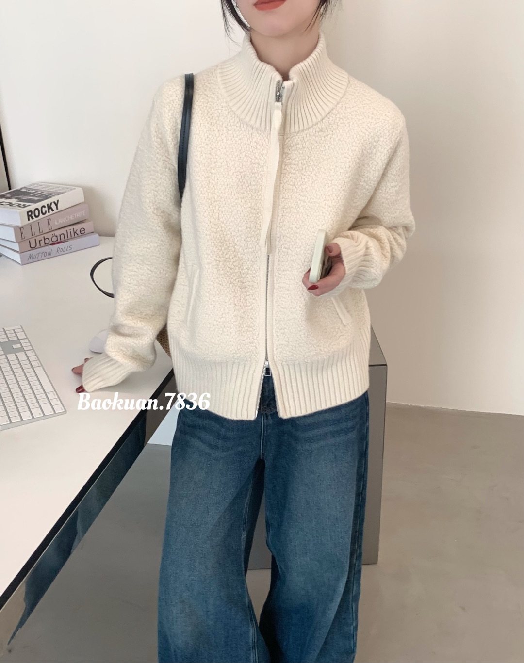 韩系简约风立领双拉链针织开衫秋冬新款厚实百搭斜插兜毛衣外套女