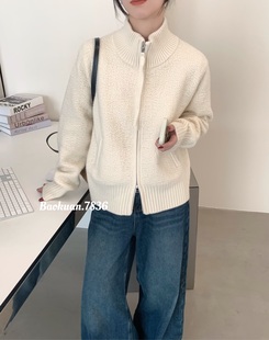 韩系简约风立领双拉链针织开衫秋冬新款厚实百搭斜插兜毛衣外套女