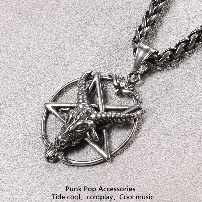 美式潮牌羊头倒五芒星男士项链钛钢吊坠嘻哈挂链潮朋克毛衣链个性