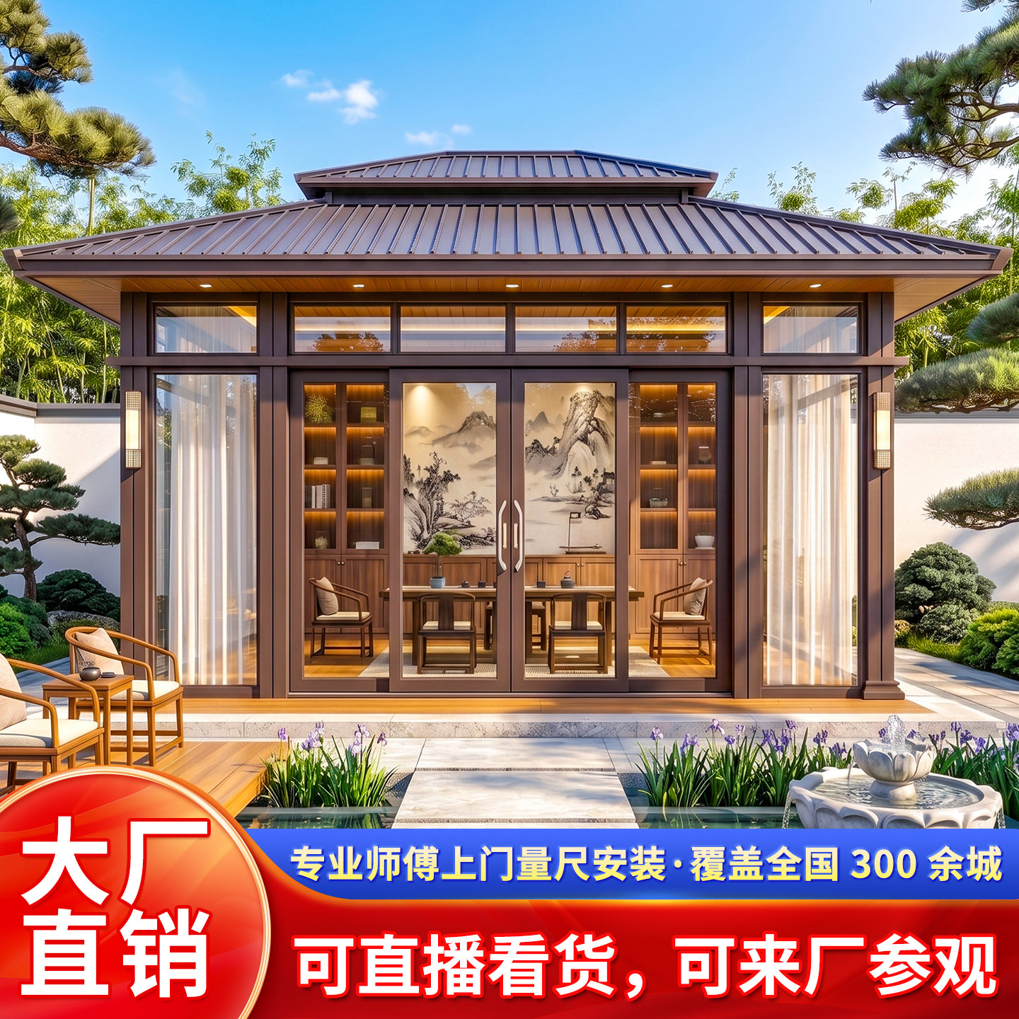 新中式凉亭双层顶茶室公园花园休闲茶室四角亭别墅庭院户外阳光房