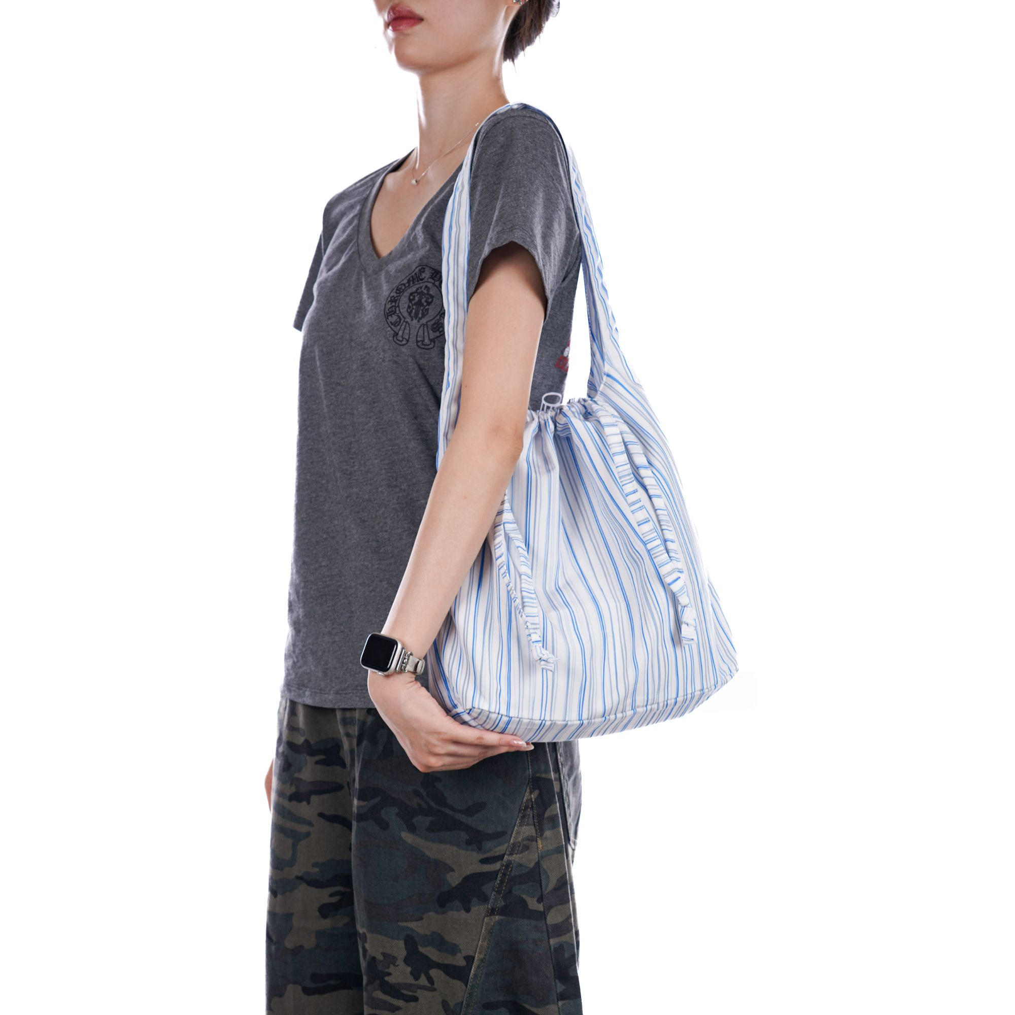 无则艺【U型抽绳包】细蓝条纹时尚百搭小众单肩包潮流女士休闲包,箱包皮具/热销女包/男包,单肩包,淘宝优惠券,粉丝福利购,淘宝优惠卷