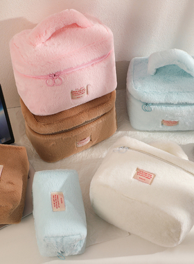 韩版大号毛绒手提化妆包纯色大容量洗漱包学生简约护肤品收纳包女