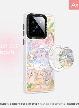 夏日小狗海滩适用小米14手机壳磁吸支架小米15Pro女13保护套vivox100Pro全包防摔新款可爱个性镭射硅胶Ultra