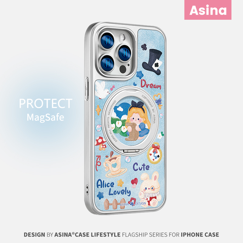 梦游仙境适用苹果15Promax手机壳新款16旋转磁吸带支架iPhone16Pro保护套支点ip14高级的可爱女13pm全包仿皮