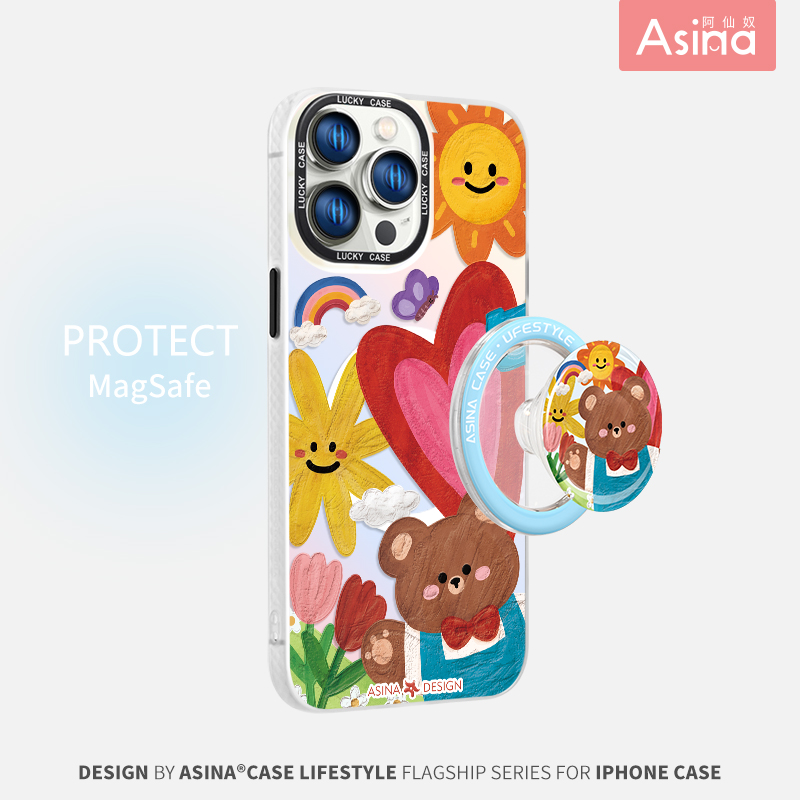 水彩涂鸦小熊适用iPhone16Promax手机壳磁吸支架苹果15保护套超薄爆款14plus全包12防摔可爱p13Pro新款高级女