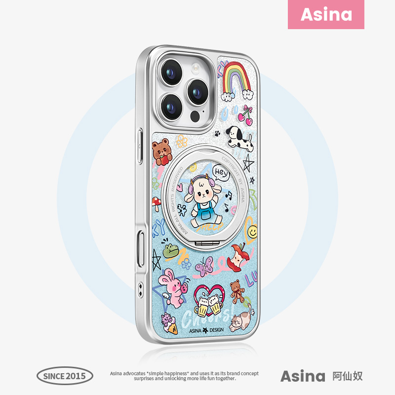 涂鸦小羊适用iPhone16Promax手机壳新款苹果15Pro磁吸带支架套Qo1支点好看女可爱网红ip14高级感闪粉13pm全包