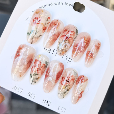 新中式国风晕染花朵图案穿戴甲粉色系美甲甲片手工可定制款甲型