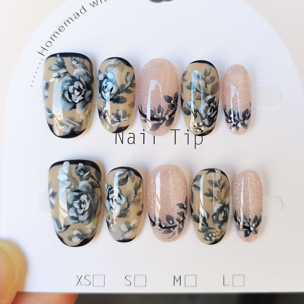 新中式国风水彩美甲成品复古风玫瑰花手绘穿戴甲深蓝色定制甲片