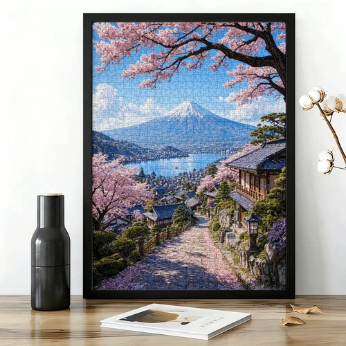 富士山樱花小镇1000片蓝卡拼图带相框日系风景成人休闲装饰画摆件