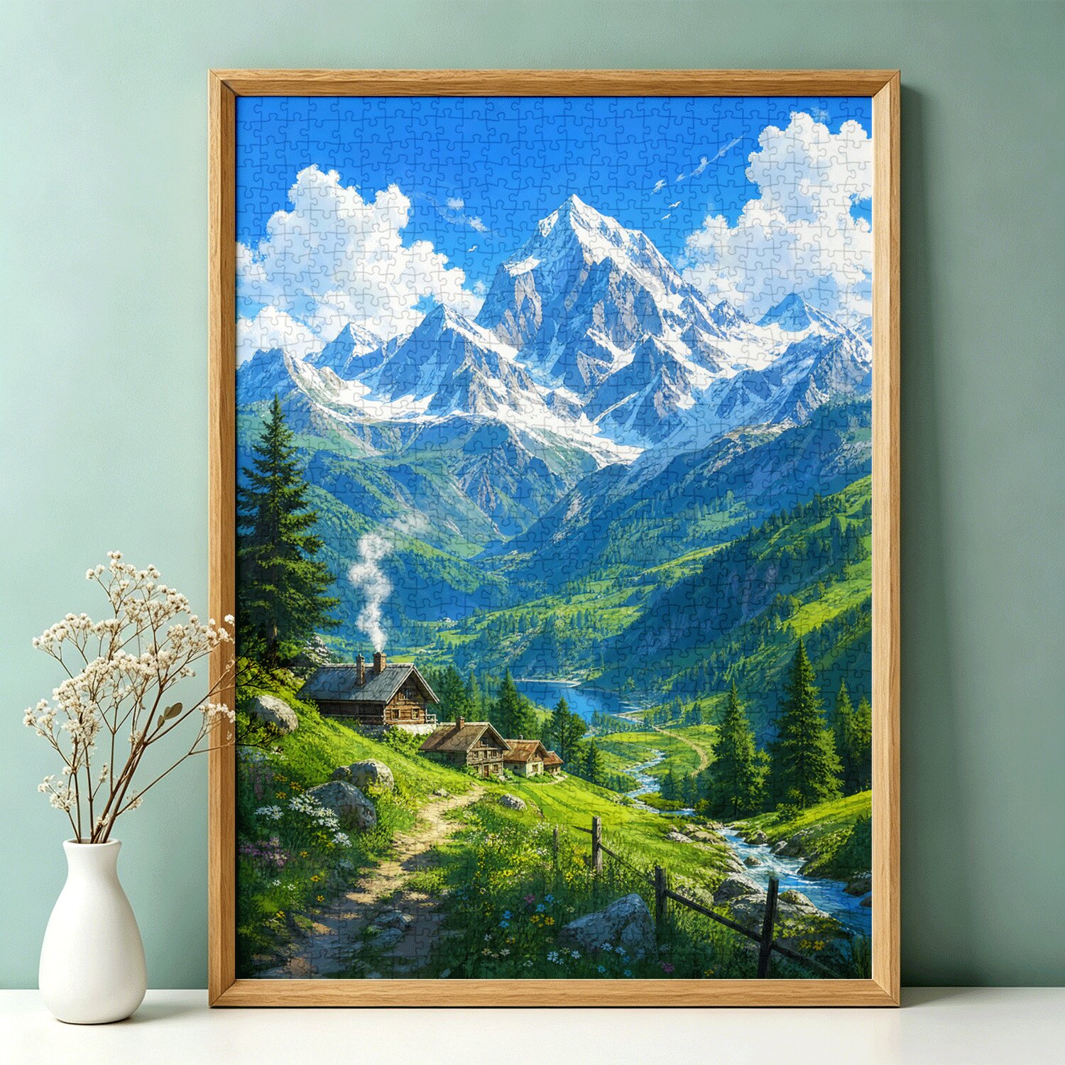 拼图1000片成人高难度治愈系风景油画一千片减压玩具雪山谷木屋