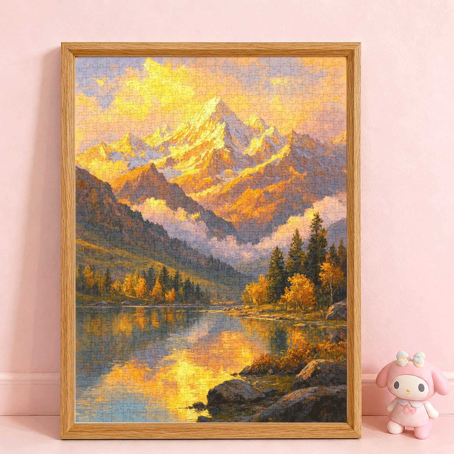 大型1000片蓝卡拼图带相框高难度成人减压装饰画金色雪山湖景
