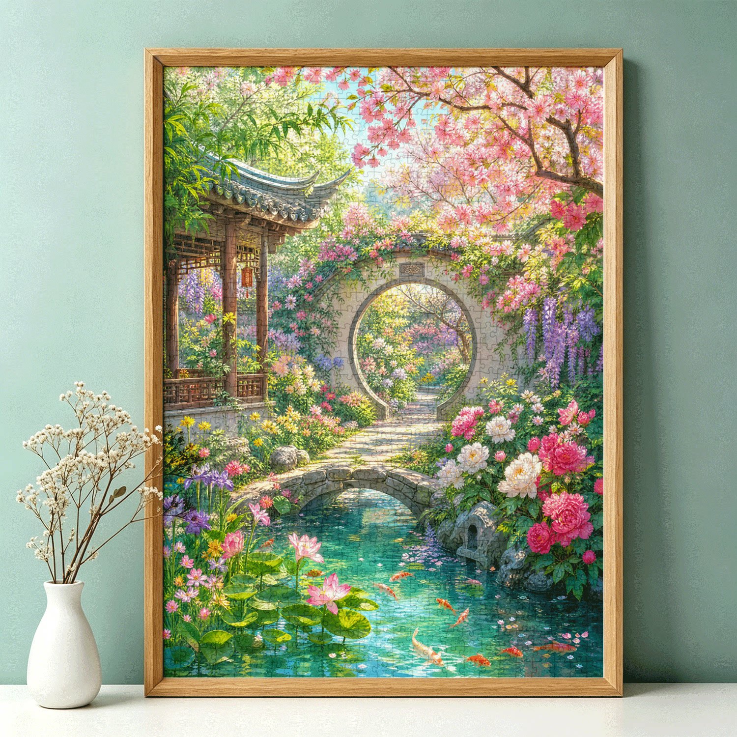 园林花池锦鲤拼图1000片成人高难度治愈系风景油画一千片减压玩具