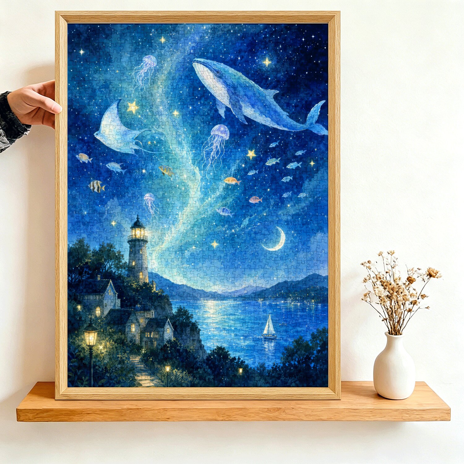 梦幻星空海洋小成人拼图1000片高级感蓝卡带相框装饰画解压治愈系