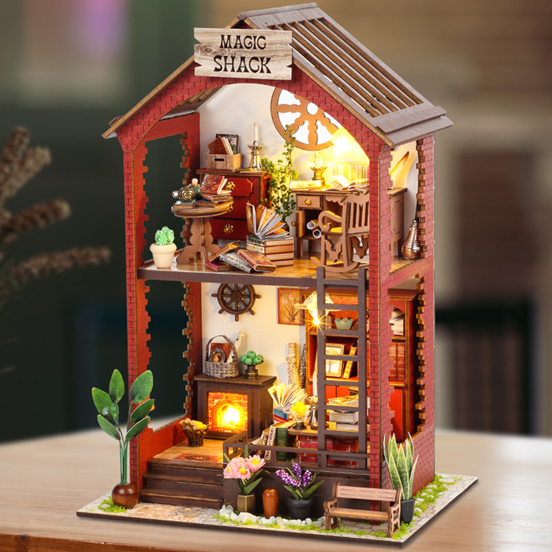 书屋模型diy小屋木制微缩带灯