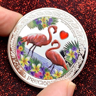 心形镶钻彩印镀银火烈鸟纪念章 恋人祝福幸运摆件硬币LOVE纪念币