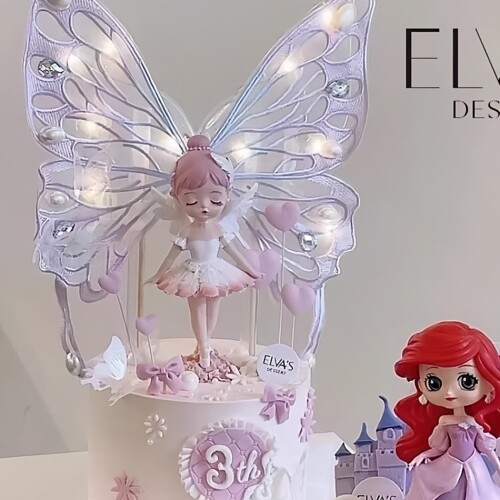 贝拉公主蛋糕装饰摆件芭蕾舞女孩生神刺绣蝴蝶翅膀带灯甜品台装饰