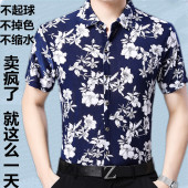 短袖 夏季 花衬衫 丝柔休闲男式 冰丝男衬衣上衣 男装 商务免烫修身 新品