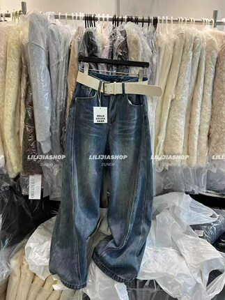 2025冬季高腰宽松显瘦牛仔裤女加绒拖地阔腿直筒裤配腰带