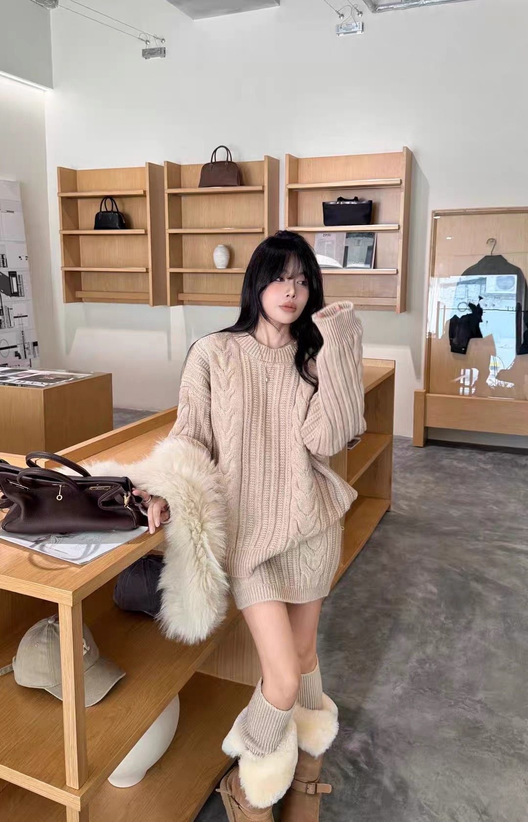 慵懒风麻花纹毛衣套装女针织衫上衣包臀短裙袜套三件套