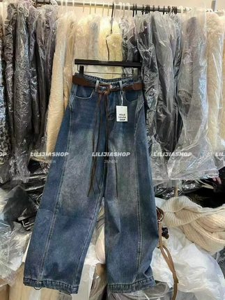 秋冬新款高腰口袋宽松设计感流苏腰带百搭加绒牛仔阔腿裤