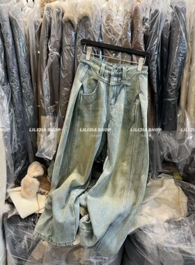 2025冬季新款水洗做旧弯刀牛仔裤女阔腿宽松脏脏加绒裤