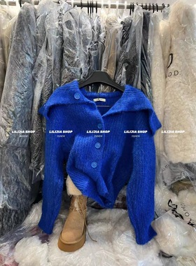 2025冬季新款蓝色纽扣毛衣韩版宽松显瘦百搭翻领针织开衫