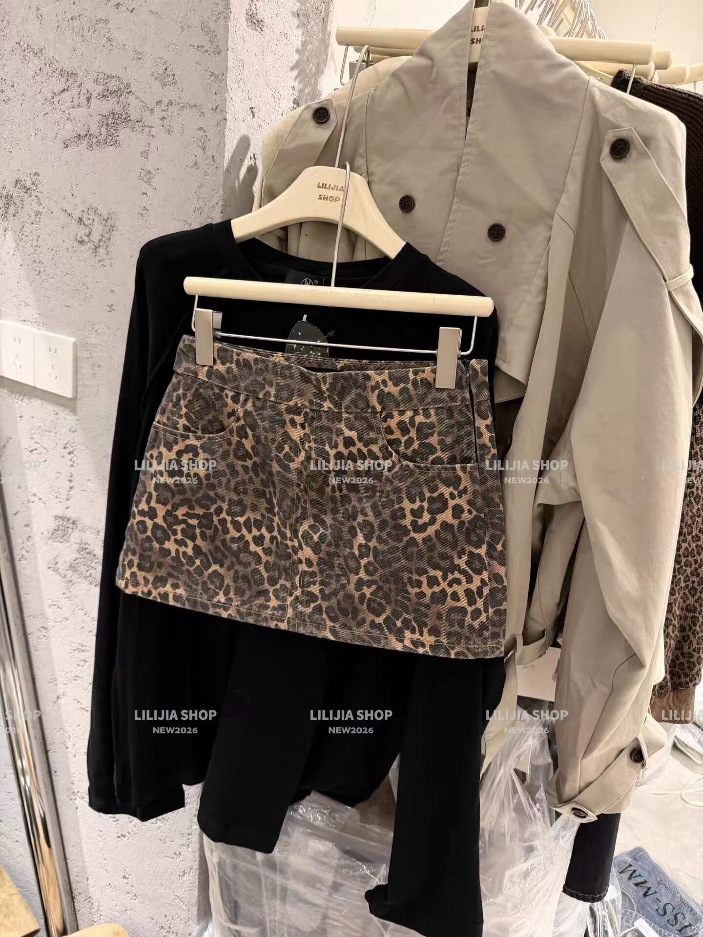 小众豹纹带安全裤防走光时尚半身裙女辣妹美式复古短裙
