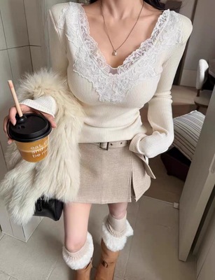 2025秋冬新款韩系蕾丝花边V领针织打底衫加绒针织长袖t恤