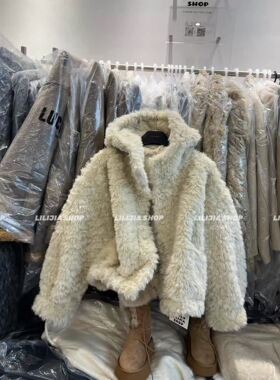 2025冬新款韩版宽松显瘦百搭连帽毛毛外套女皮毛一体上衣