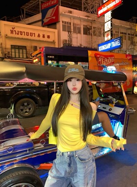 韩系设计感黄色斜肩长袖t恤女春2026新款修身显瘦别致上衣