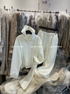 2025冬慵懒白色连帽休闲加绒卫衣套装女抽绳阔腿裤两件套