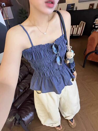2026夏季新款韩版时尚百搭显瘦蓝色格子褶皱吊带背心女