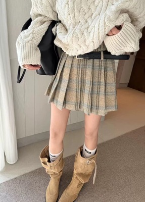 高腰半身裙女毛呢短裙格子百褶裙小个子a字裙2025秋冬新款