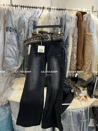 黑色微喇牛仔裤女秋冬新款加绒高腰弹力显瘦牛仔裤配腰带